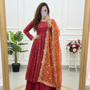 new launch designer embroidery sequence work with fully flair gown and palazzo with dupatta