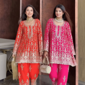 designer party wear look heavy faux georgette top plazzo & dupatta set