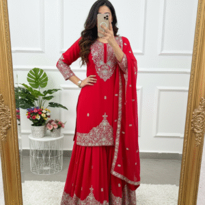 new designer collection in faux georgette sharara set with embroidery work top bottom and dupatta set fully stitched ready to wear