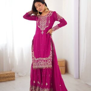 karwa chauth special designer cording dori embroidery top sharara suit & dupatta (copy)