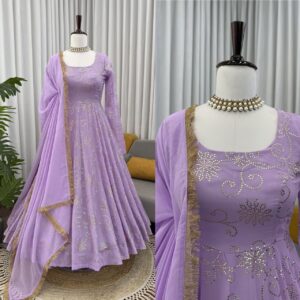 festival special foil work gown pant & dupatta anarkali set