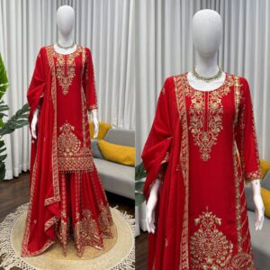 karwa chauth special designer cording dori embroidery top sharara suit & dupatta (copy)