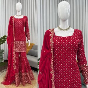 karwa chauth special thread & 9mm sequins work top sharara with dupatta