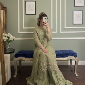 designer party wear look pur heavy faux georgette top palazzo & dupatta set