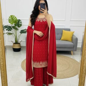 designer party wear look pur heavy faux georgette top plazzo & dupatta, sharara set