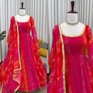 new designer bandhani digital print anarkali pant & dupatta set