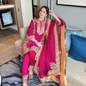 elegant chinon silk kurti plazzo set with embroidery & dupatta