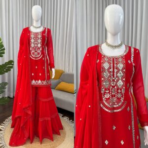 heavy embroidered kurti plazzo & dupatta set – stylish festive ethnic wear