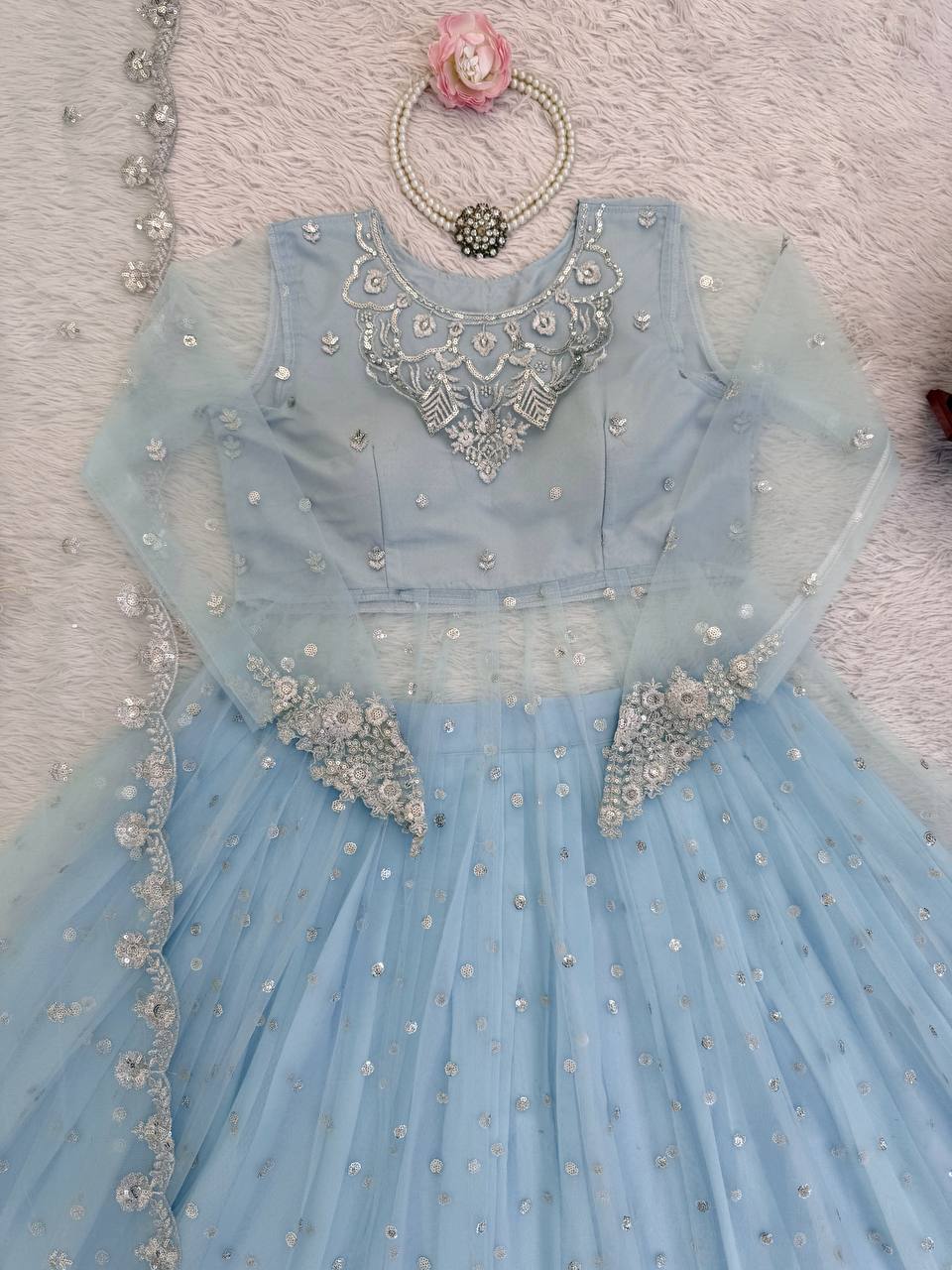 wedding special exclusive faux georgette 3 piece gown, lehenga & dupatta set with sequence work wedding special exclusive faux georgette 3 piece gown, lehenga & dupatta set with sequence work