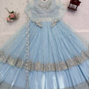 wedding special exclusive faux georgette 3 piece gown, lehenga & dupatta set with sequence work