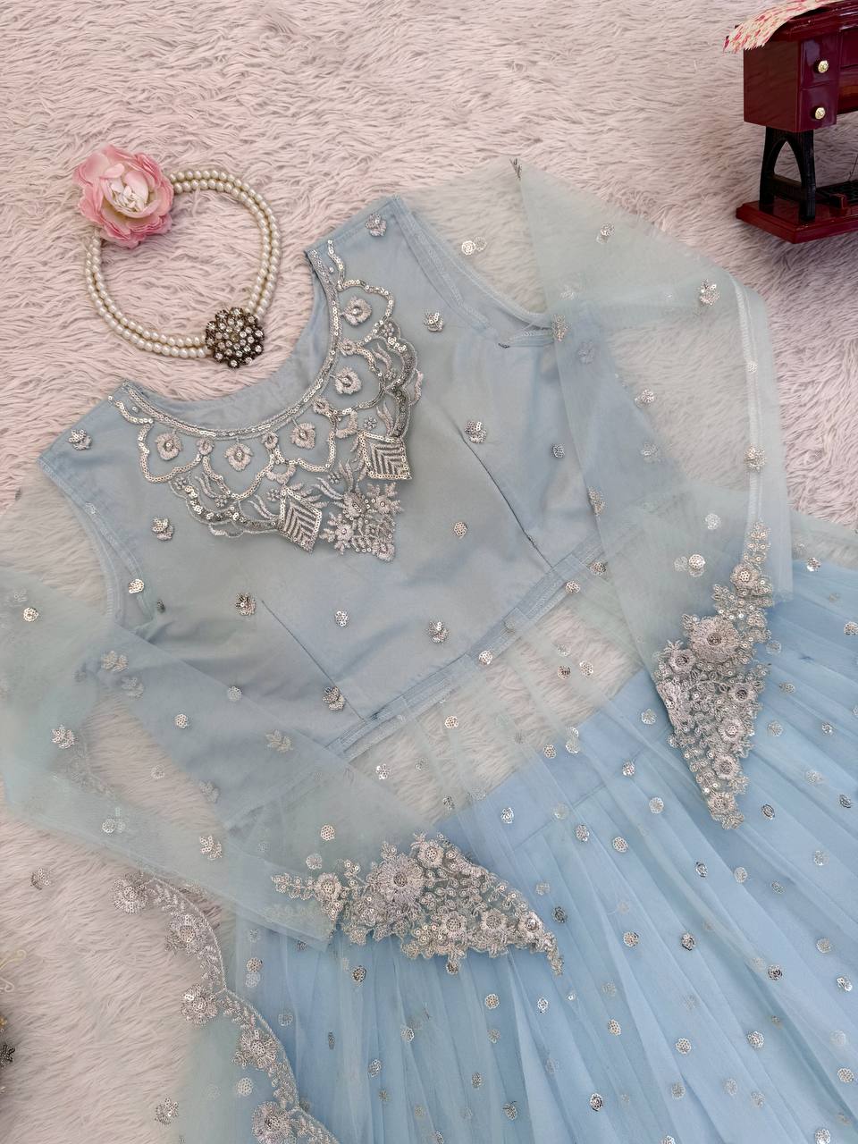wedding special exclusive faux georgette 3 piece gown, lehenga & dupatta set with sequence work wedding special exclusive faux georgette 3 piece gown, lehenga & dupatta set with sequence work