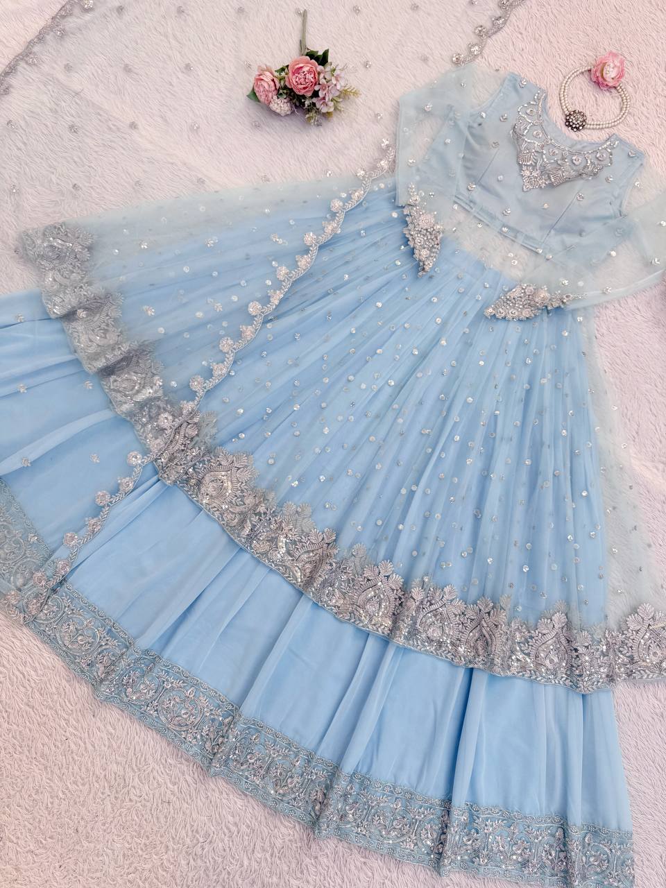 wedding special exclusive faux georgette 3 piece gown, lehenga & dupatta set with sequence work wedding special exclusive faux georgette 3 piece gown, lehenga & dupatta set with sequence work