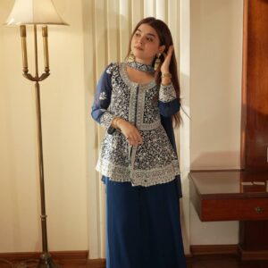 embroidered georgette peplum top with plazzo & dupatta set – designer party wear